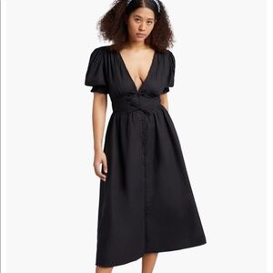 SOLD - Hill House Sabrina V-Neck Puff-Sleeve Midi Nap Dress Black Dot